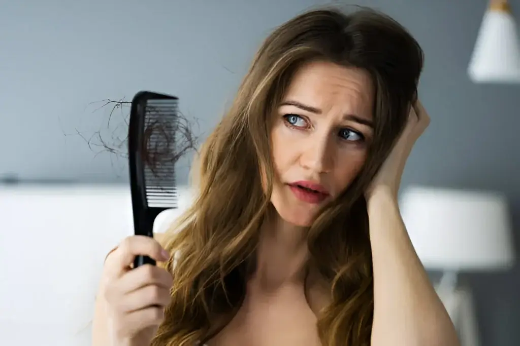 Worried woman holding a hairbrush with excessive hair loss, seeking haircare tips for healthier hair.