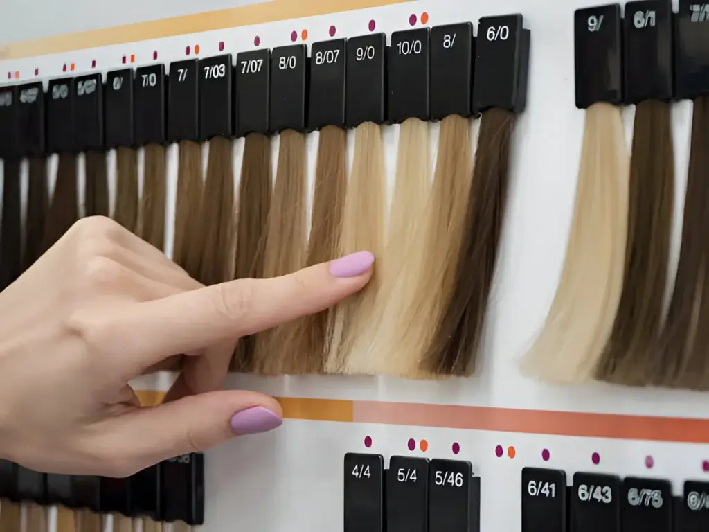 Hand selecting a shade from a hair color chart, choosing between various blonde and brown tones.