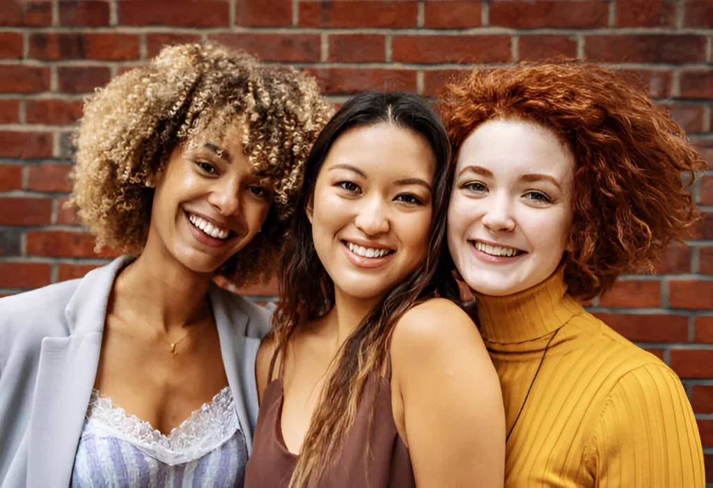 Three smiling women with different hair types and textures posing together against a brick wall background .
