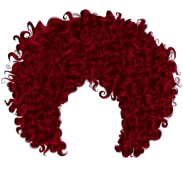 An illustration of voluminous, curly cherry red hair with a white space in the center, resembling a head shape.