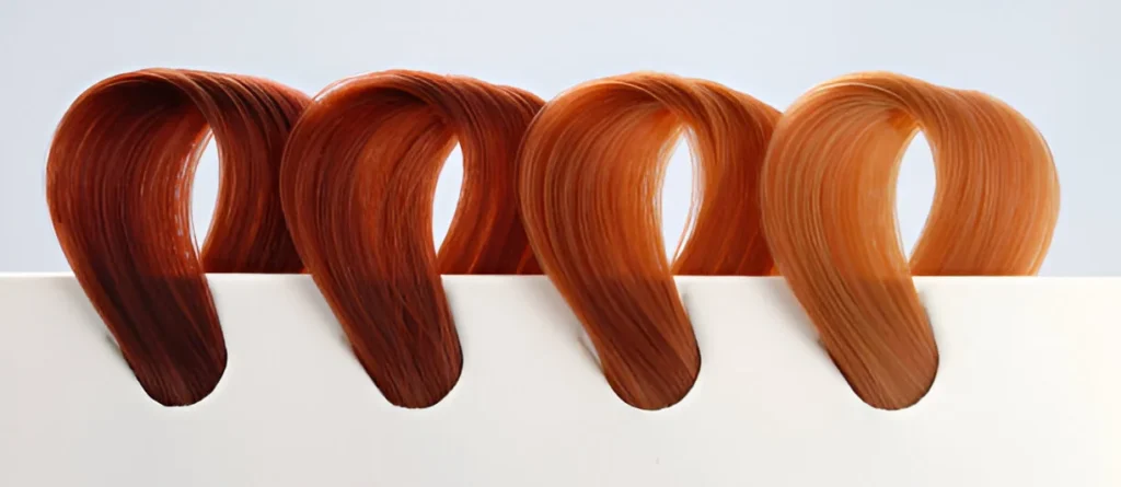 Four swatches of wavy cowboy copper hair in varying shades, from deep reddish-brown to light copper, displayed against a white background.