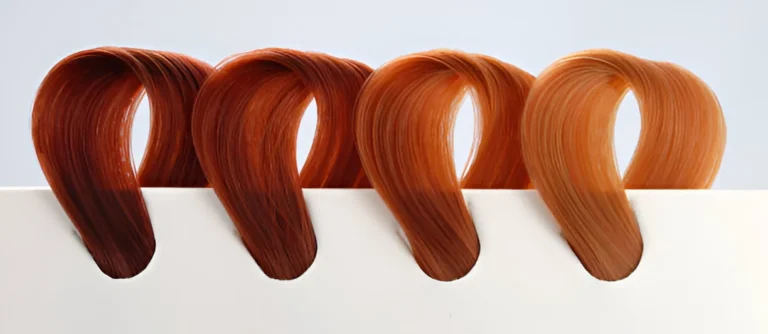 Four swatches of wavy cowboy copper hair in varying shades, from deep reddish-brown to light copper, displayed against a white background.