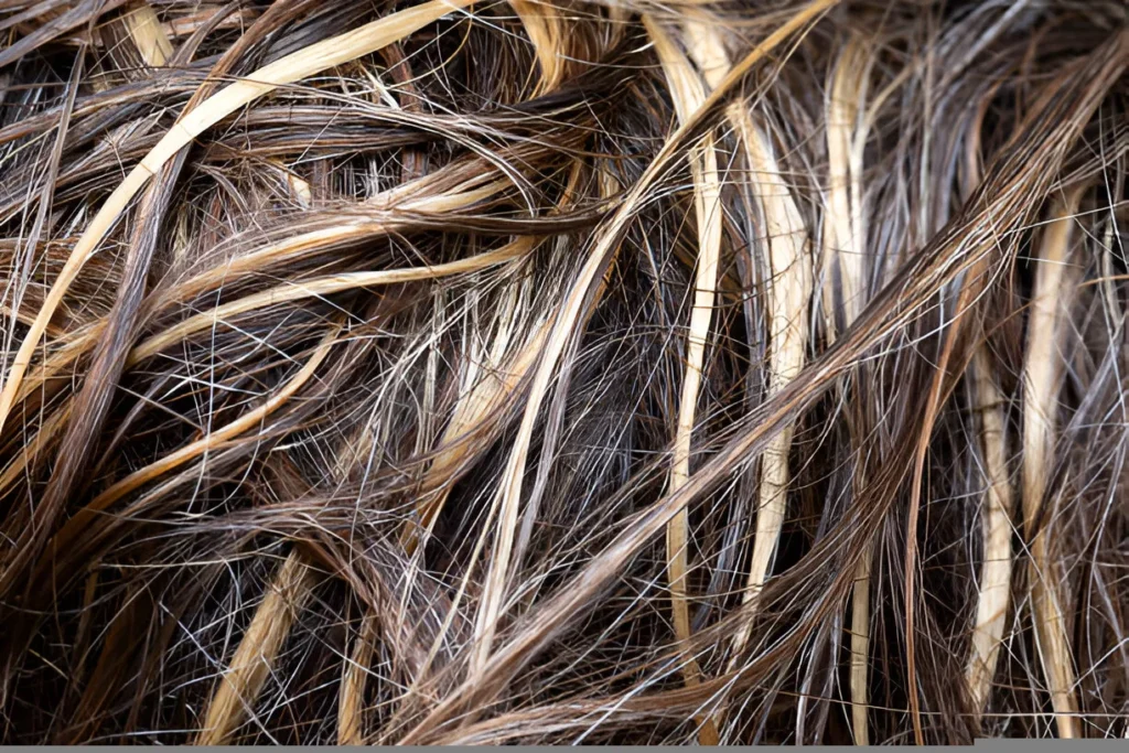 A close-up of tangled hair with blonde highlights on brown hair, showcasing the mix of light and dark strands in a textured, messy style.