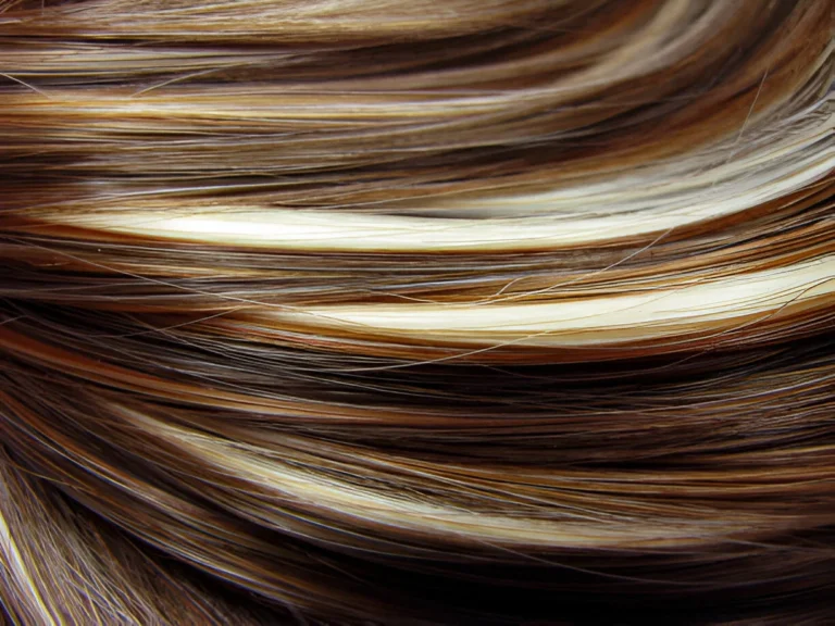 A close-up of hair featuring blonde highlights on brown hair, with strands blending seamlessly to create a natural, sun-kissed effect.