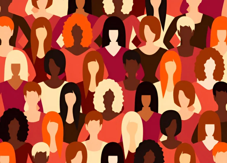 Stylized illustration of diverse women with various hair types and skin tones in warm red and orange tones.