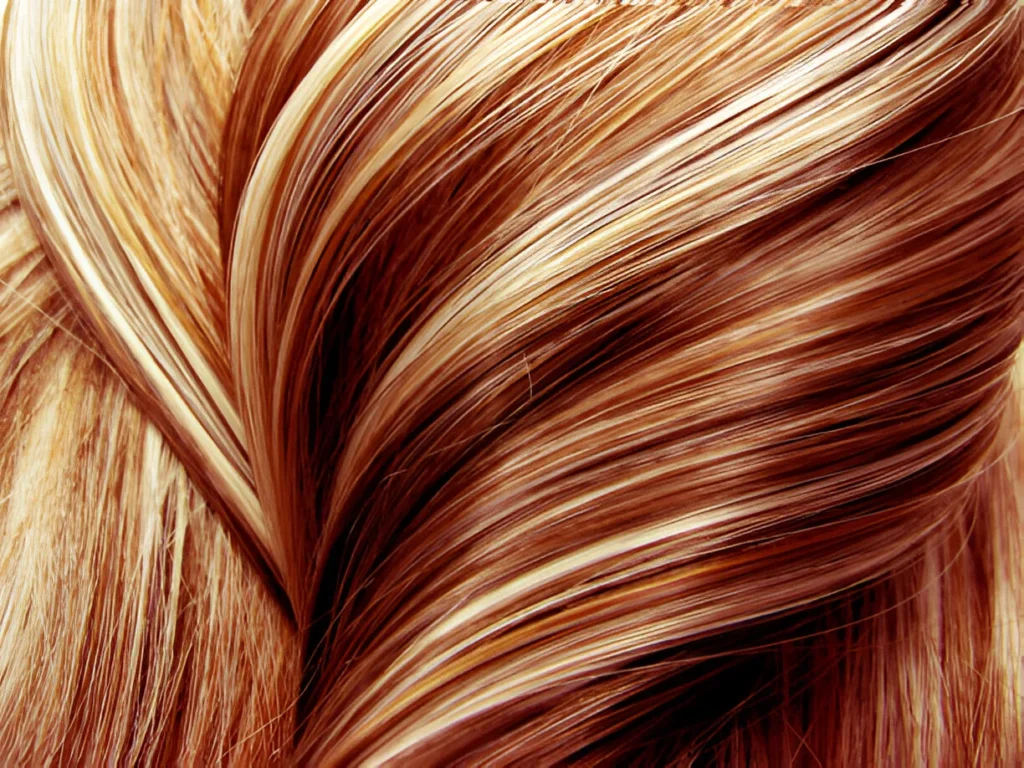 A close-up of dark brown hair with highlights, featuring a mix of blonde and caramel streaks, styled in soft waves for a multi-dimensional look.
