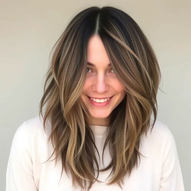 A person with wolf cut long hair featuring a mix of dark brown and blonde highlights, wearing a white top against a light background.