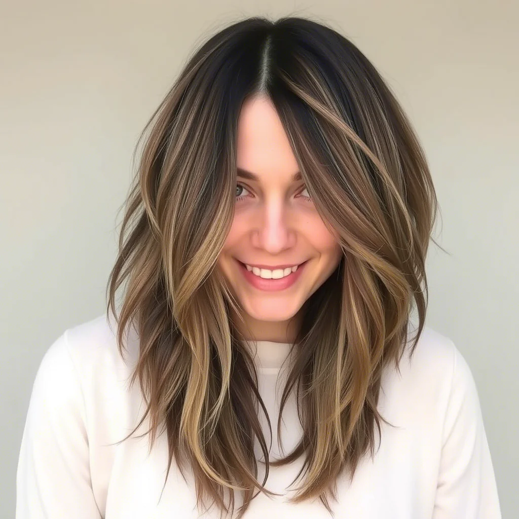 A person with wolf cut long hair featuring a mix of dark brown and blonde highlights, wearing a white top against a light background.