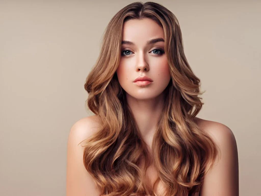 A person with long, wavy wolf cut hair against a neutral beige background.