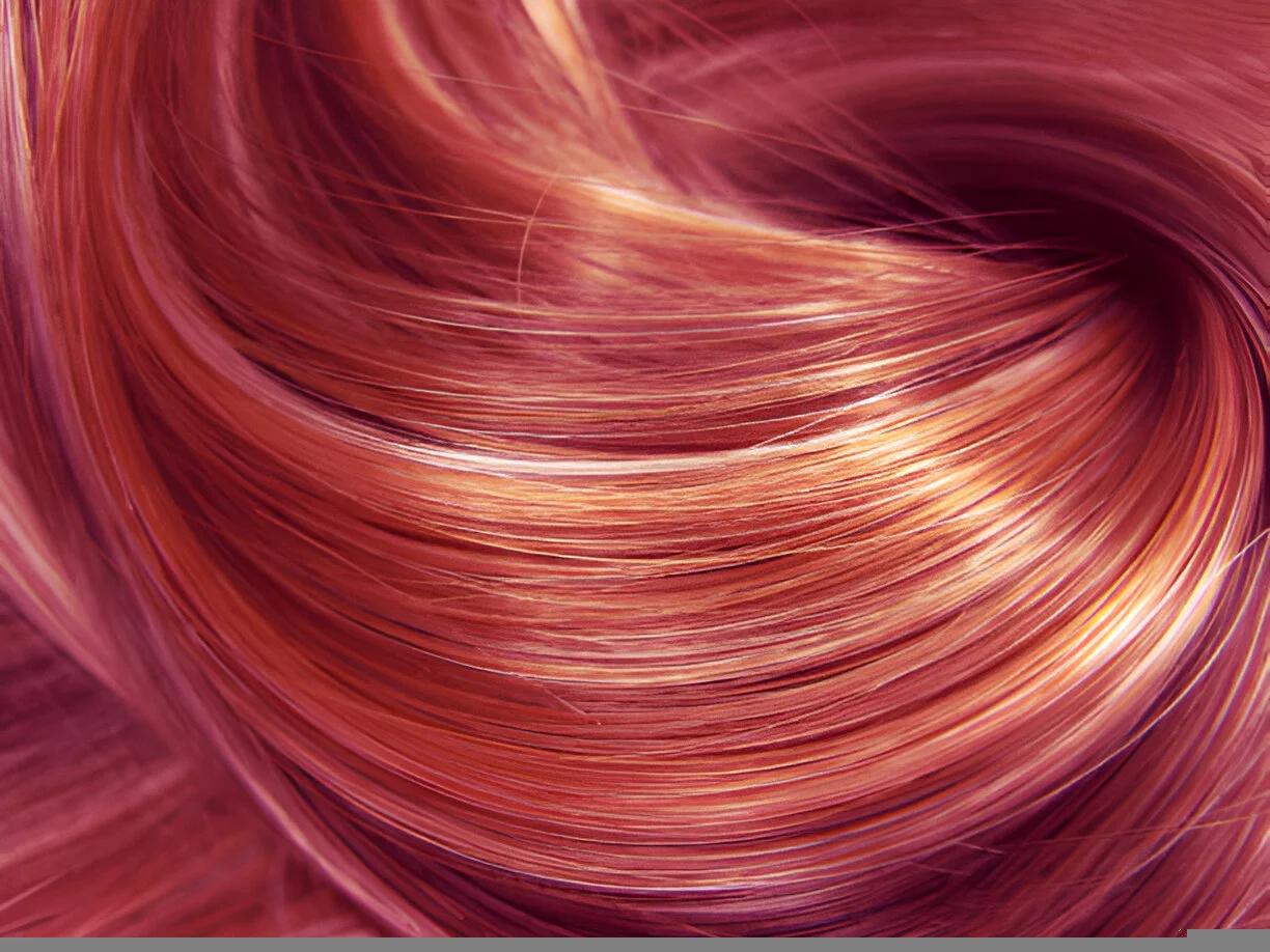 A close-up of swirling rose gold hair with shimmering highlights.