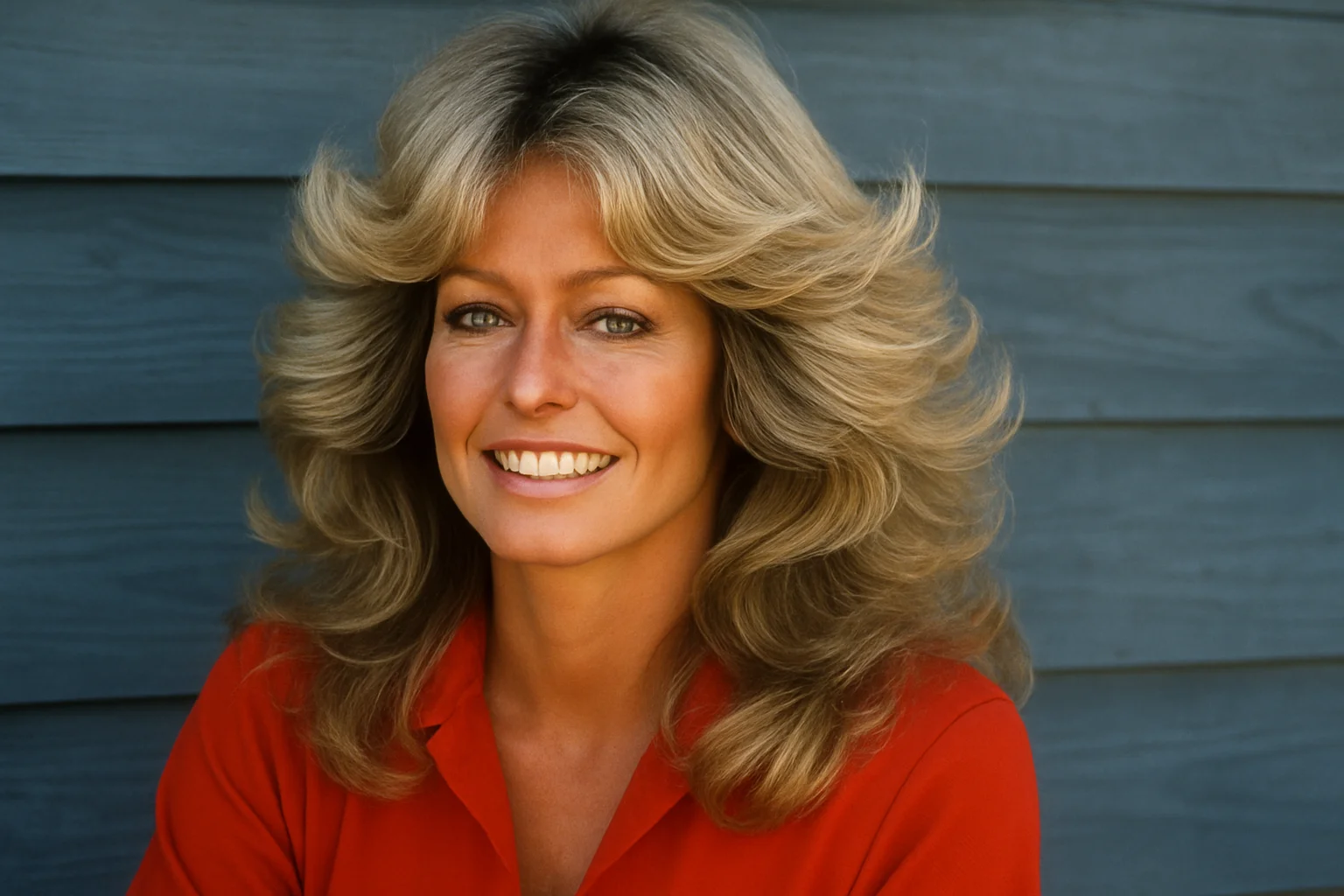Sporting the iconic Farrah Fawcett hair with voluminous, feathered blonde layers, paired with a vibrant red shirt against a blue wooden backdrop.