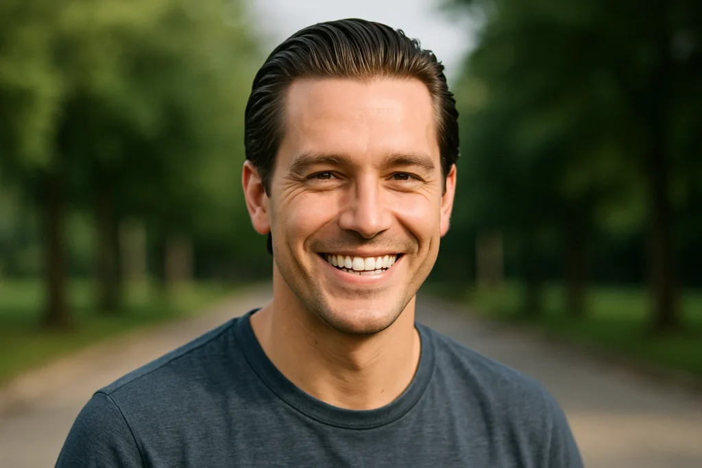 A person with slicked back hair stands on a path in a lush green park, wearing a dark gray t-shirt, with trees and greenery in the background.