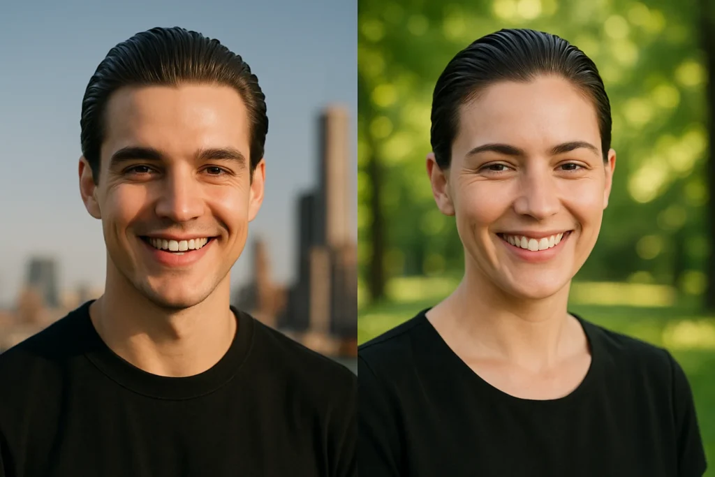 Two individuals with slicked back hair, one standing against a city skyline and the other against a green park background, both wearing black tops.