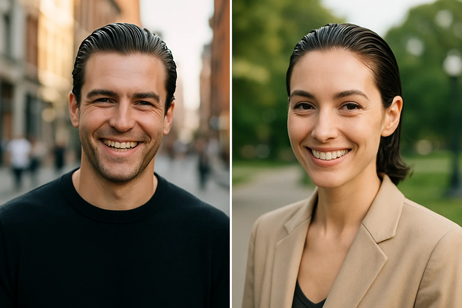 Two individuals with slicked back hair, one standing in an urban setting with buildings in the background wearing a black top, and the other in a park with greenery wearing a beige blazer over a black top.