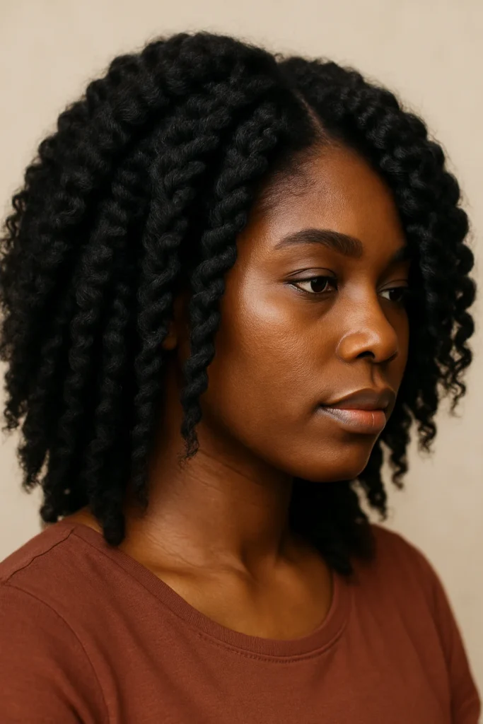 A side profile of a person with voluminous coarse hair styled in tight curls, wearing a rust-colored sleeveless top against a neutral background.