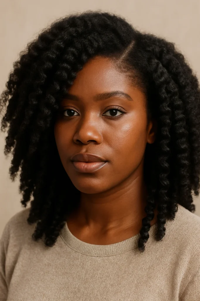 A person with voluminous coarse hair styled in tight curls, wearing a beige sleeveless top against a neutral background.