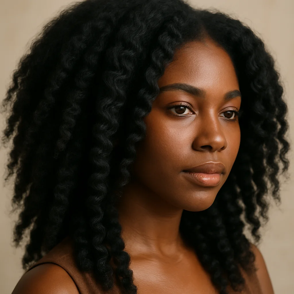 A person with voluminous coarse hair styled in tight curls, wearing a sleeveless brown top against a neutral background.