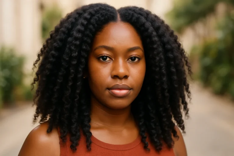 A person with voluminous coarse hair styled in tight curls, wearing a sleeveless rust-colored top, standing outdoors with a blurred background of greenery and a pathway.