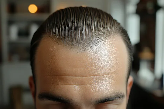 A close-up view of a person's scalp with slicked back hair, showcasing a neatly styled hairline against a blurred indoor background with shelves and lights.
