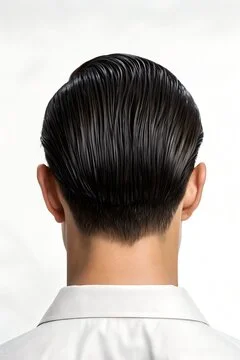 A rear view of a person with slicked back hair, showcasing a polished and neat hairstyle against a plain white background, wearing a white collared shirt.