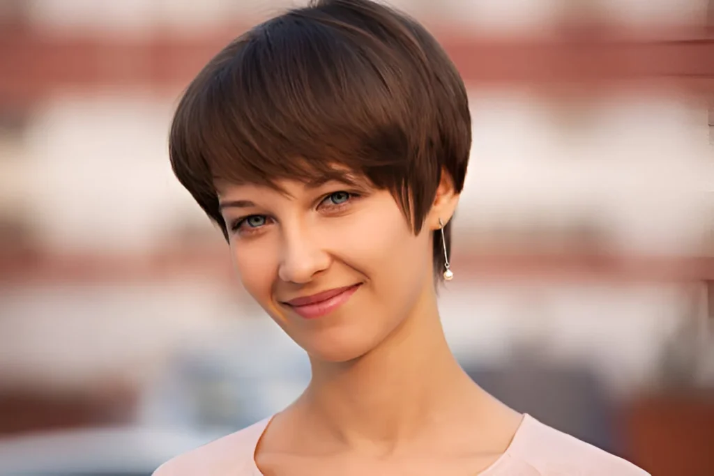 A person with short brown hair smiling, wearing a pink top and a dangling pearl earring against a blurred outdoor background with a reddish wall