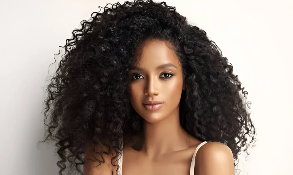 A person with voluminous kinky hair, wearing a white sleeveless top, posing against a plain light background.