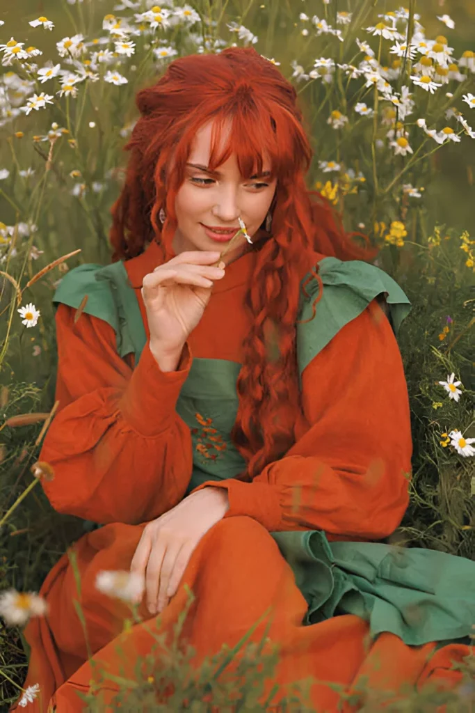 A young woman with natural red hair styled in a braid, wearing a rustic vintage bohemian dress, sitting serenely in a meadow filled with daisies and wildflowers, surrounded by a vibrant green landscape under soft daylight.