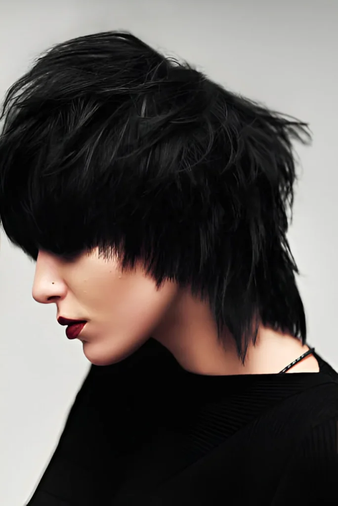 A side profile of a person with voluminous black wolf cut short hair against a white background, wearing a black top.